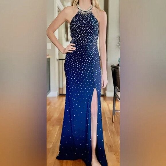 CAMILLE LA VIE Women's Crystal Embellished Halter Neck Prom Dress Size 4 In Navy - Picture 1 of 10